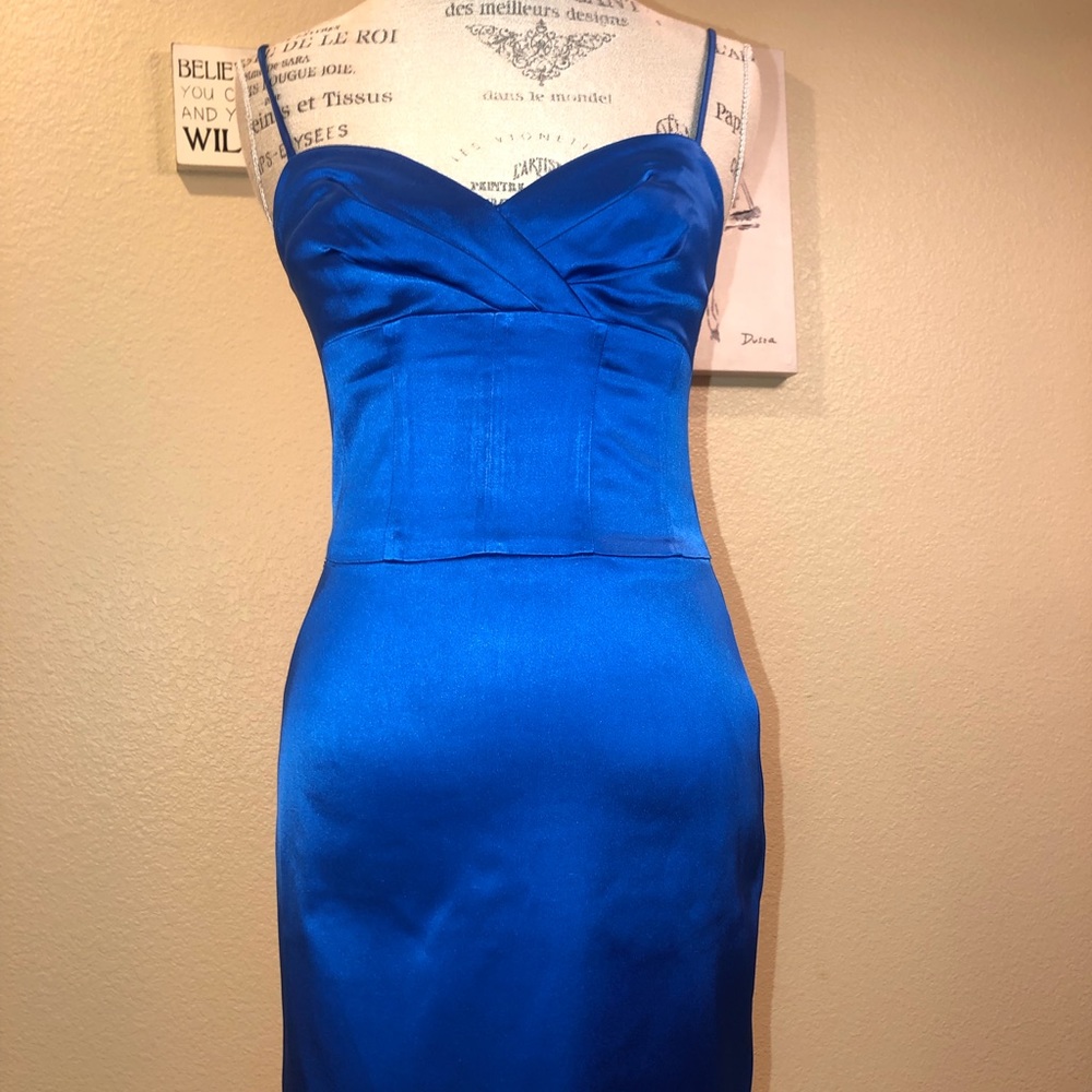 Electrify in this Blue Satin Dress